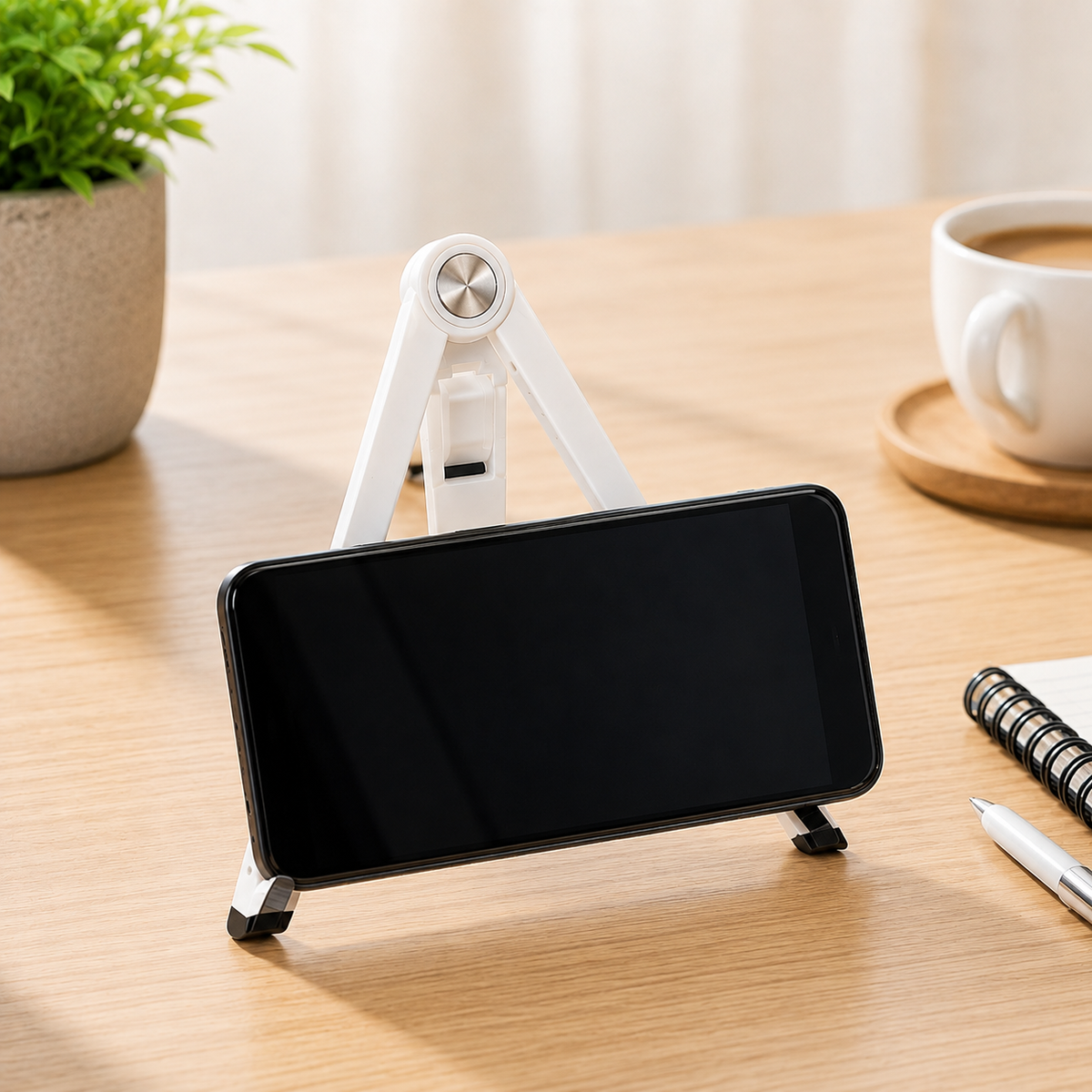 A white foldable stand holds a black smartphone horizontally on a wooden desk next to a plant and coffee.