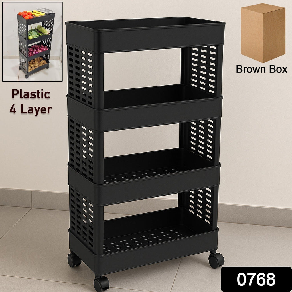 A black four-tier plastic utility trolley on wheels, with an inset showing it filled with produce, and a brown box in the