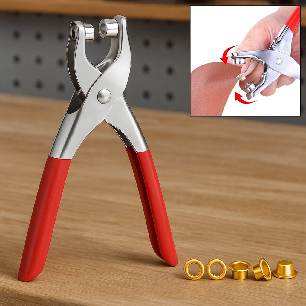 Red-handled grommet pliers on a wooden surface with four gold eyelets and a close-up of the pliers in use.
