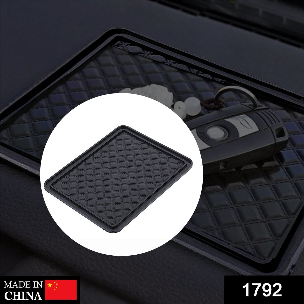 A black anti-skid mat with a diamond pattern is shown on a car dashboard with car keys. Inset shows the mat alone
