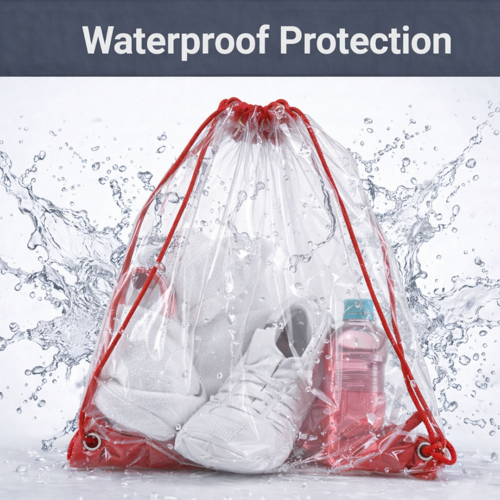 Clear drawstring bag with red cords, filled with white sneakers and a pink water bottle, with water splashing around it.