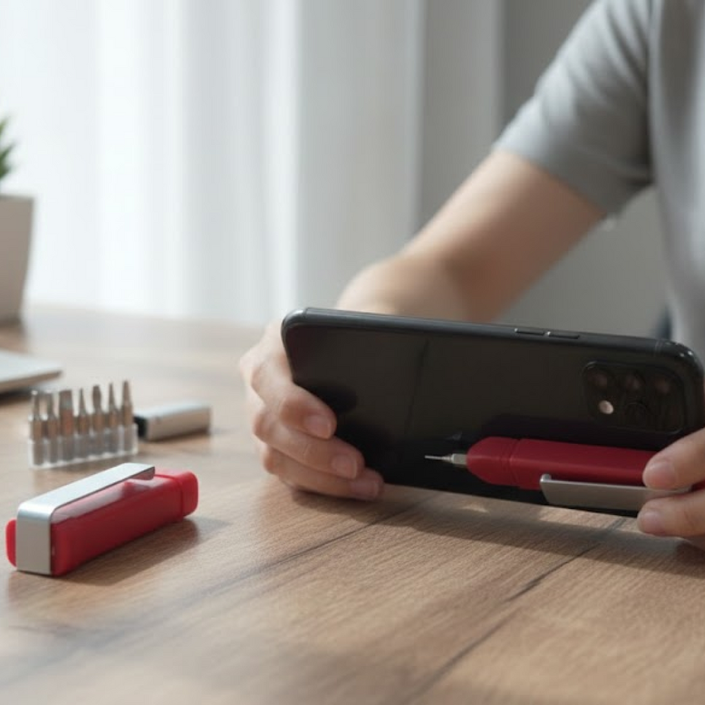 A person holds a black smartphone horizontally, with a red multi-function pen attached, while screwdriver bits are on the