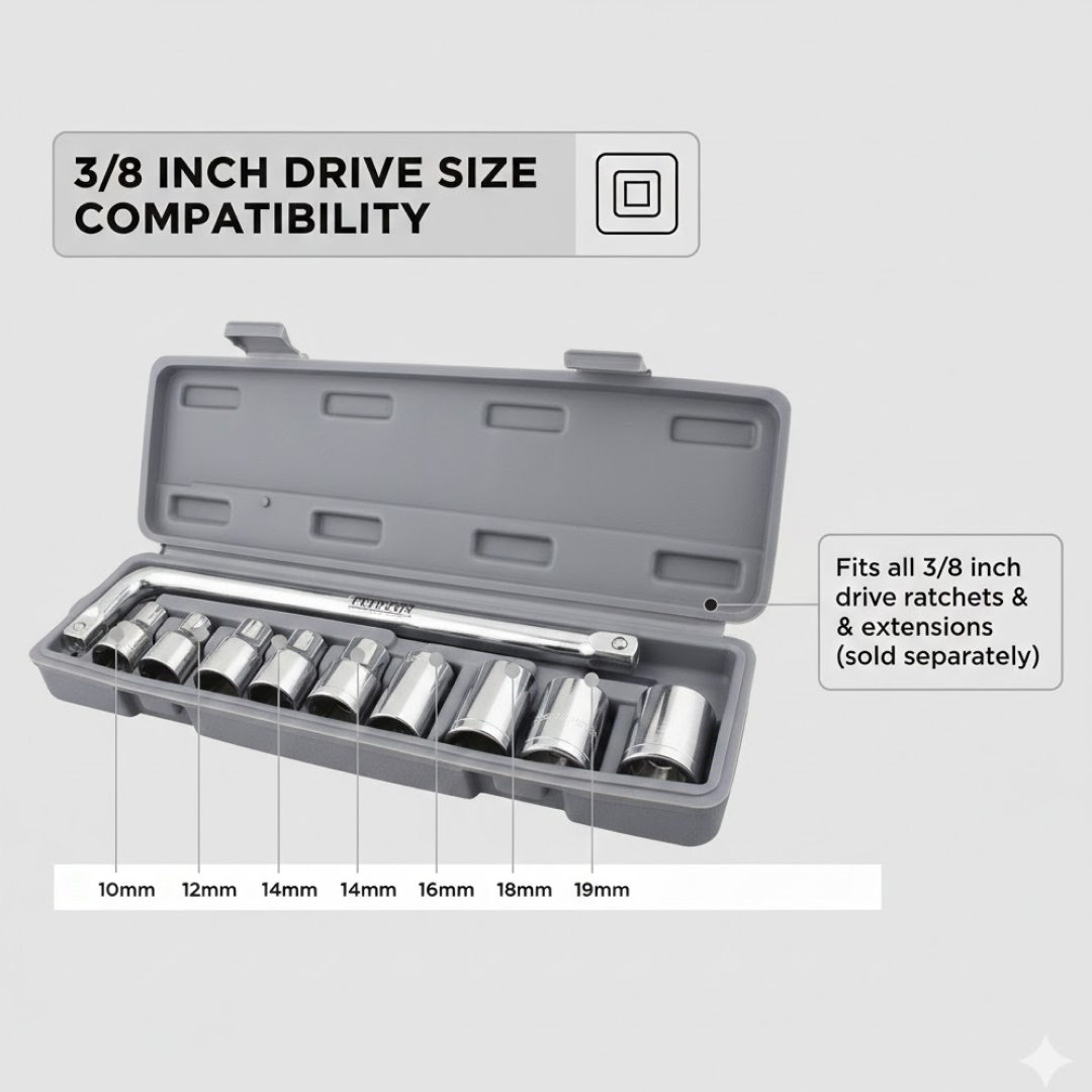 An open grey socket wrench set case with chrome sockets is shown with text indicating 3/8 inch drive compatibility and sizes.