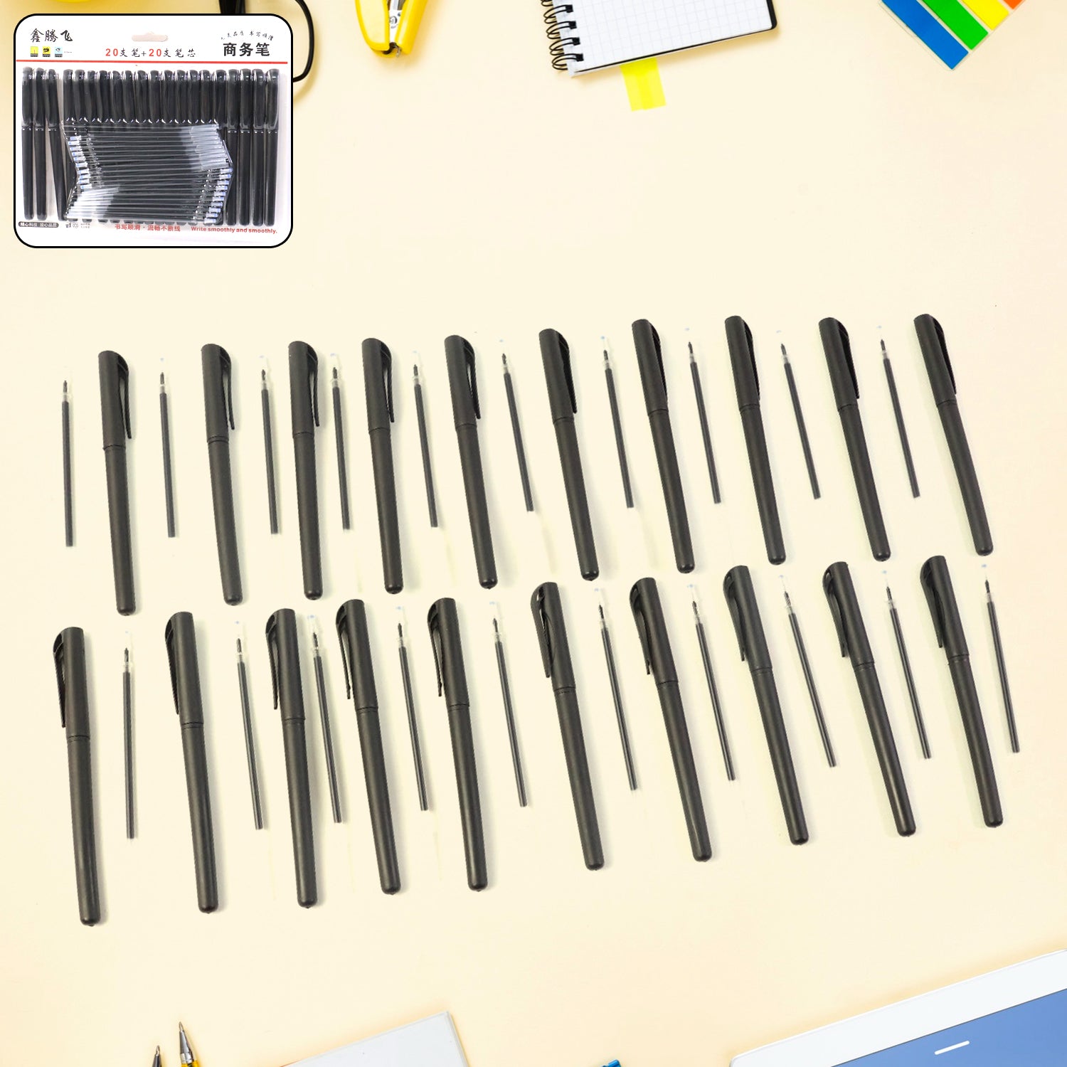 Refillable Black Marker Pen With Extra Ink Refills 20 Pieces (1 Set)