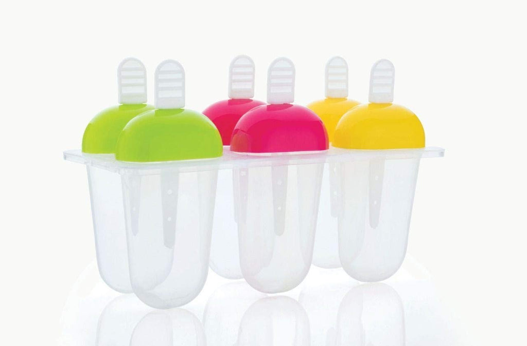 A 6-piece clear plastic ice candy mold with green, pink, and yellow tops is shown on a light gray background
