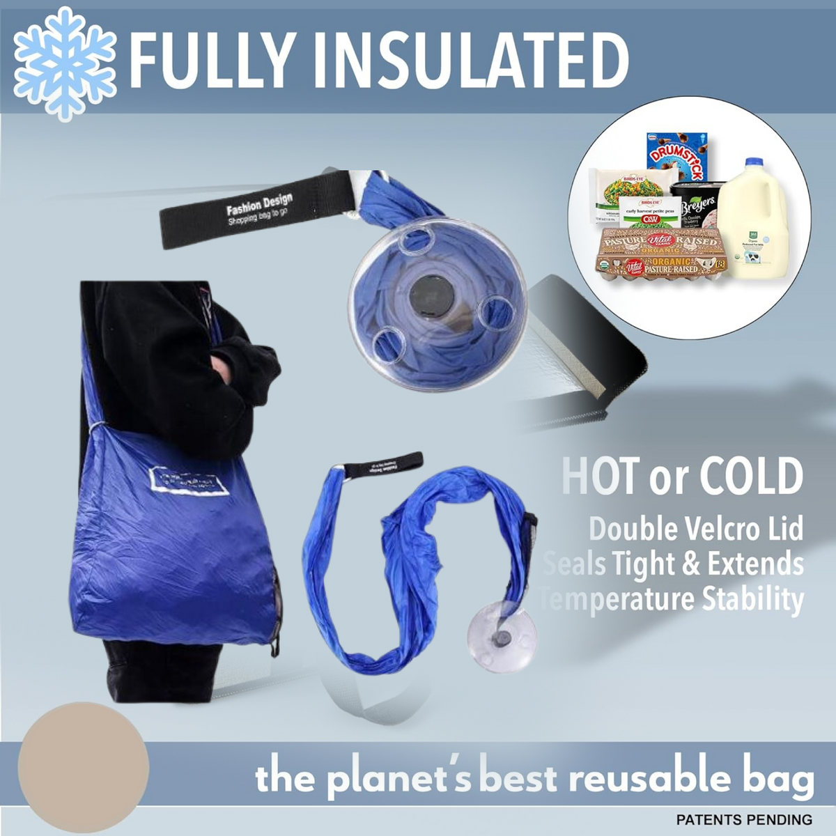 A blue reusable shopping bag and its dispenser are shown with text promoting its insulated features and reusability.
