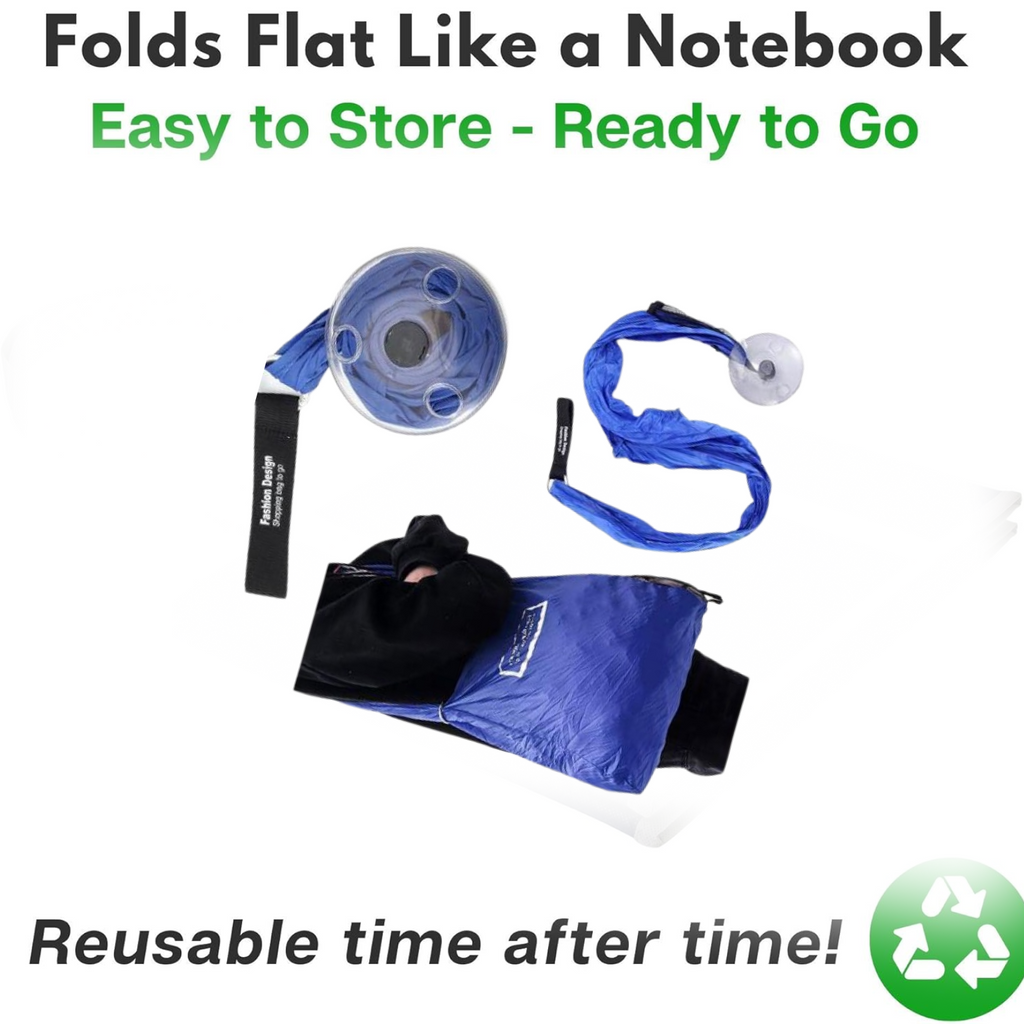 A blue reusable shopping bag, its dispenser, and a partially folded bag are displayed with text about its easy storage and