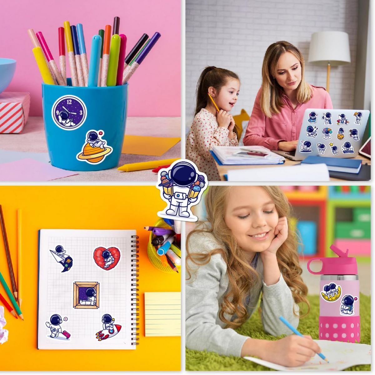 A collage shows children studying, a blue cup with colorful pens, and astronaut stickers on a notebook and laptop.