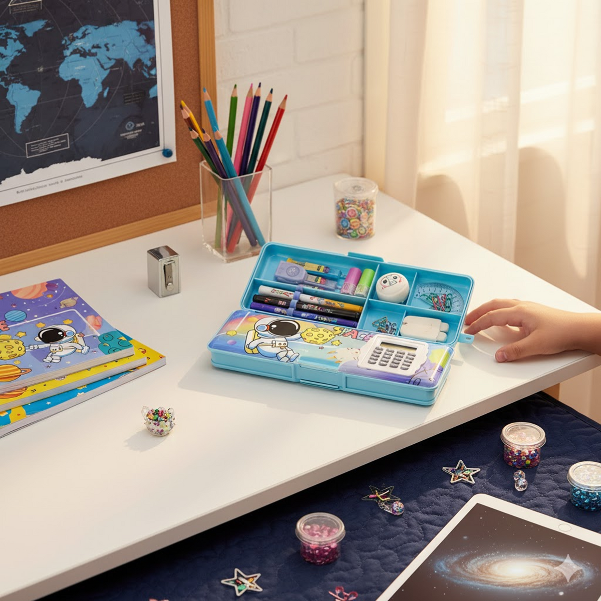 An open blue pencil case with a space theme and calculator reveals compartments filled with art supplies on a white desk.