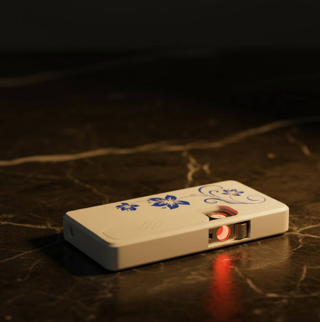 White USB lighter with blue floral pattern lies on a dark marble surface, showing a red glowing coil.