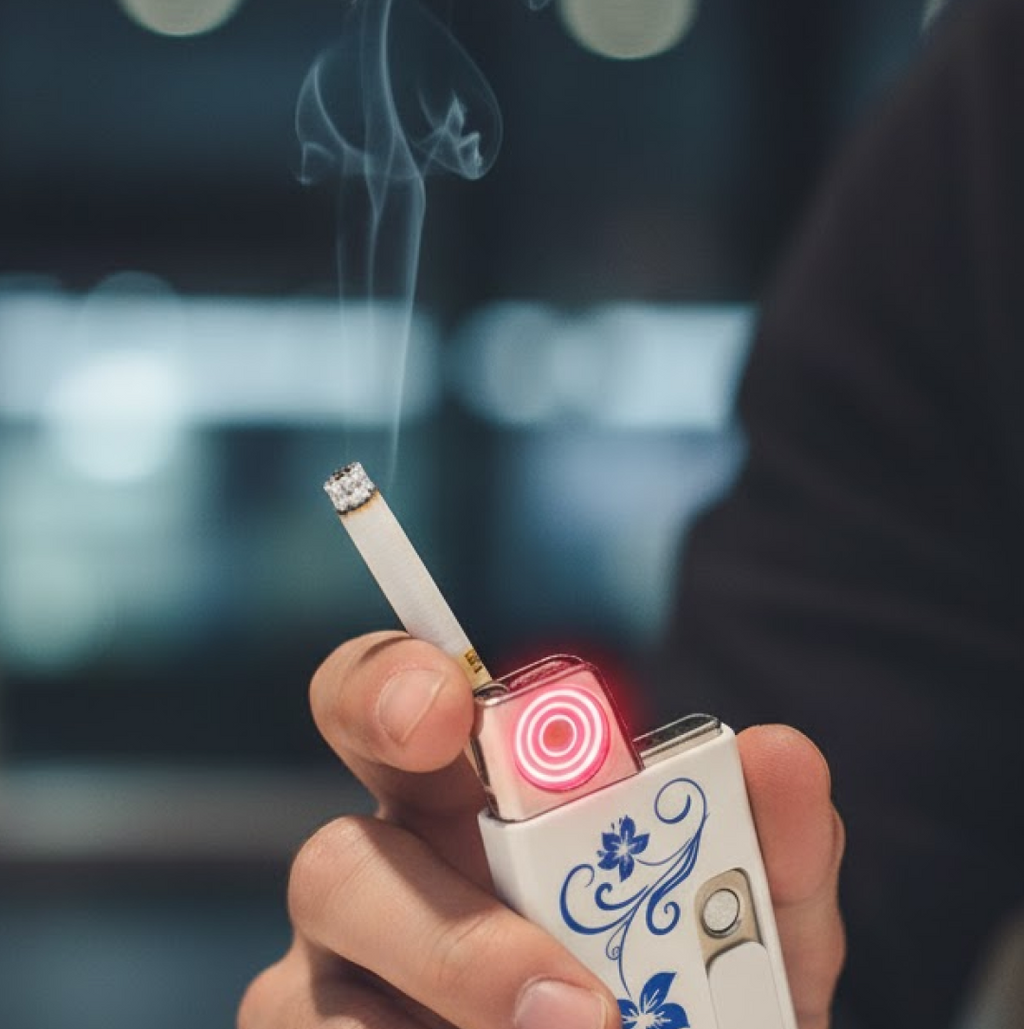 A hand holds the white USB lighter with blue floral pattern, lighting a cigarette with its red glowing coil.