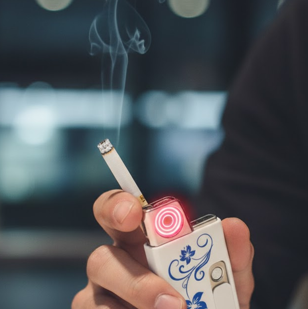 A hand holds the white USB lighter with blue floral pattern, lighting a cigarette with its red glowing coil.