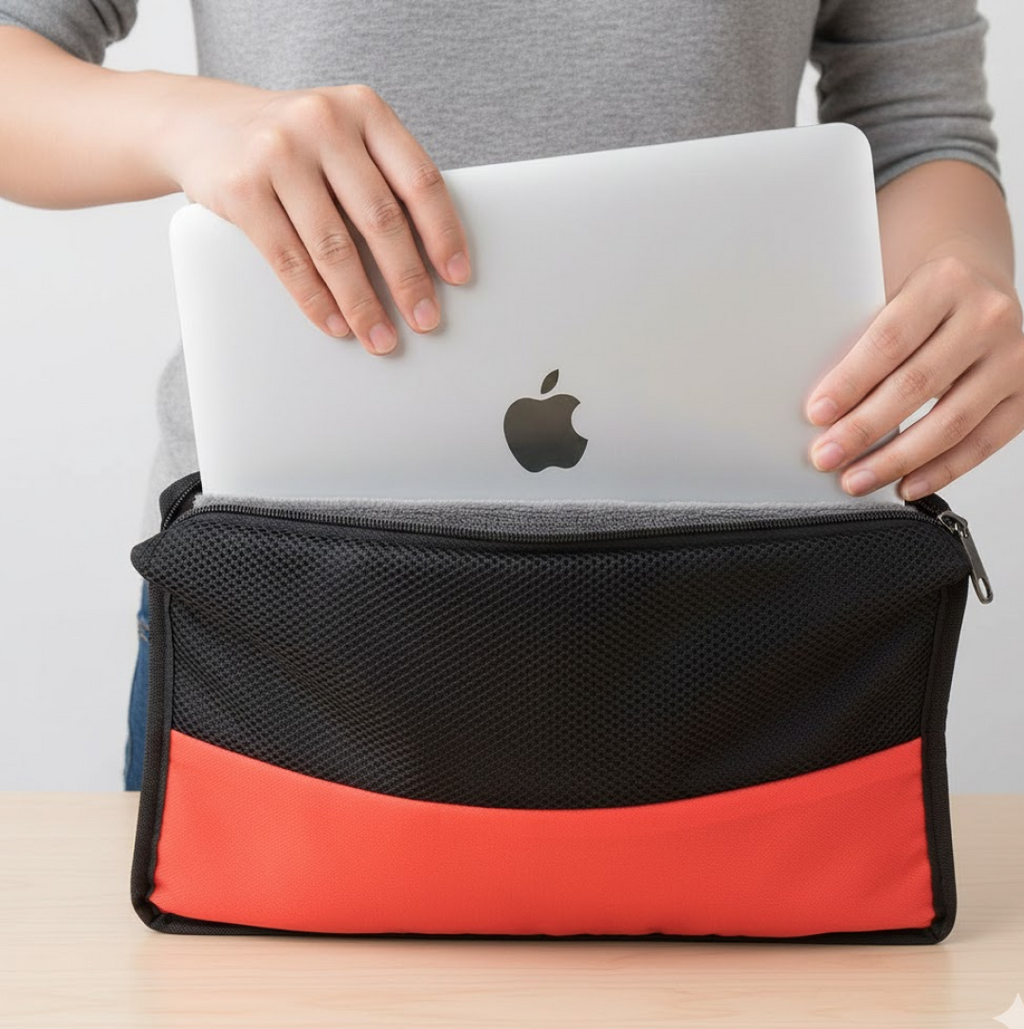Hands place a silver laptop with an Apple logo into a black and red mesh laptop sleeve.