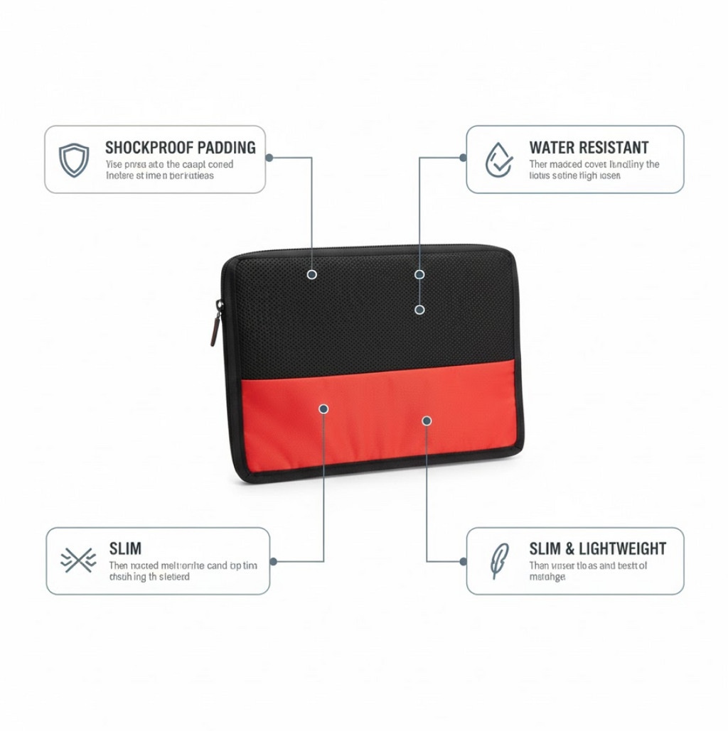 Side view of the portable black and red laptop bag, showcasing its slim profile ideal for travel.