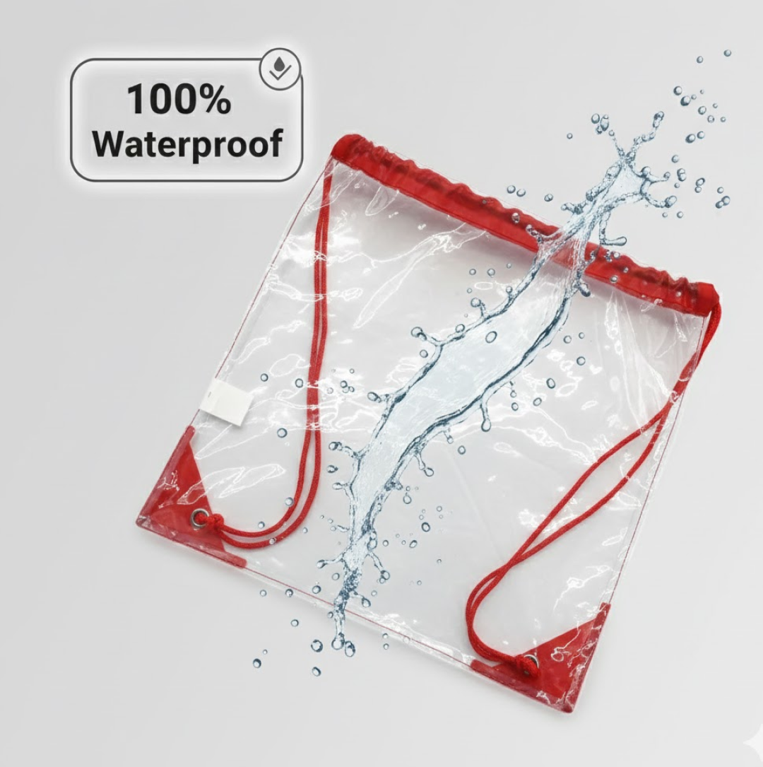 Clear drawstring bag with red details, featuring a splash of water and a "100% Waterproof" label.