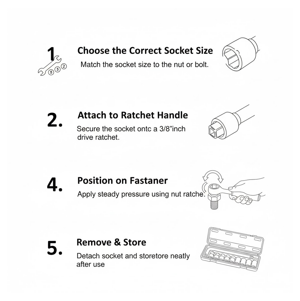 A white graphic with black text illustrates four steps for using a socket wrench set.