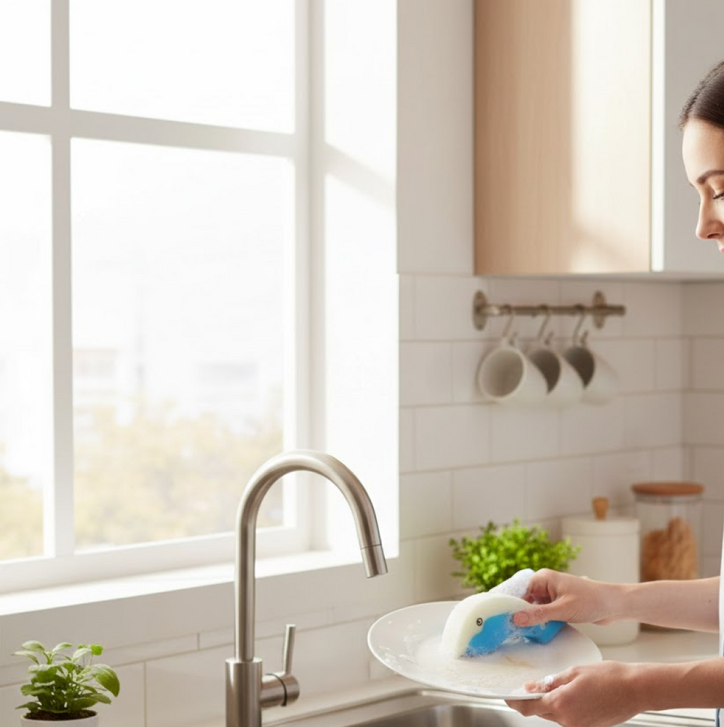 A person uses the blue and white dolphin sponge to clean a white plate in a bright kitchen with a large window.