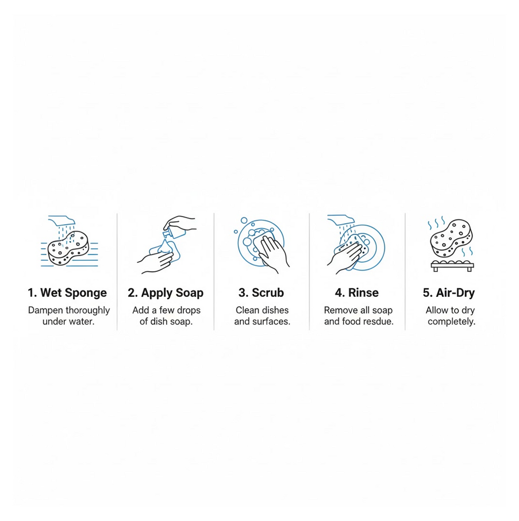 A five-step illustrated guide shows how to use and care for the sponge, from wetting to air-drying.