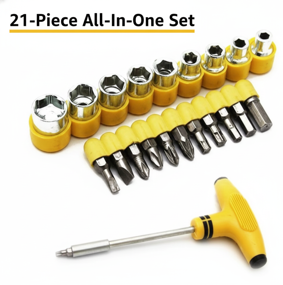 A 21-piece T-shape ratchet socket set with yellow handles and silver bits, on a white background with text overlay.