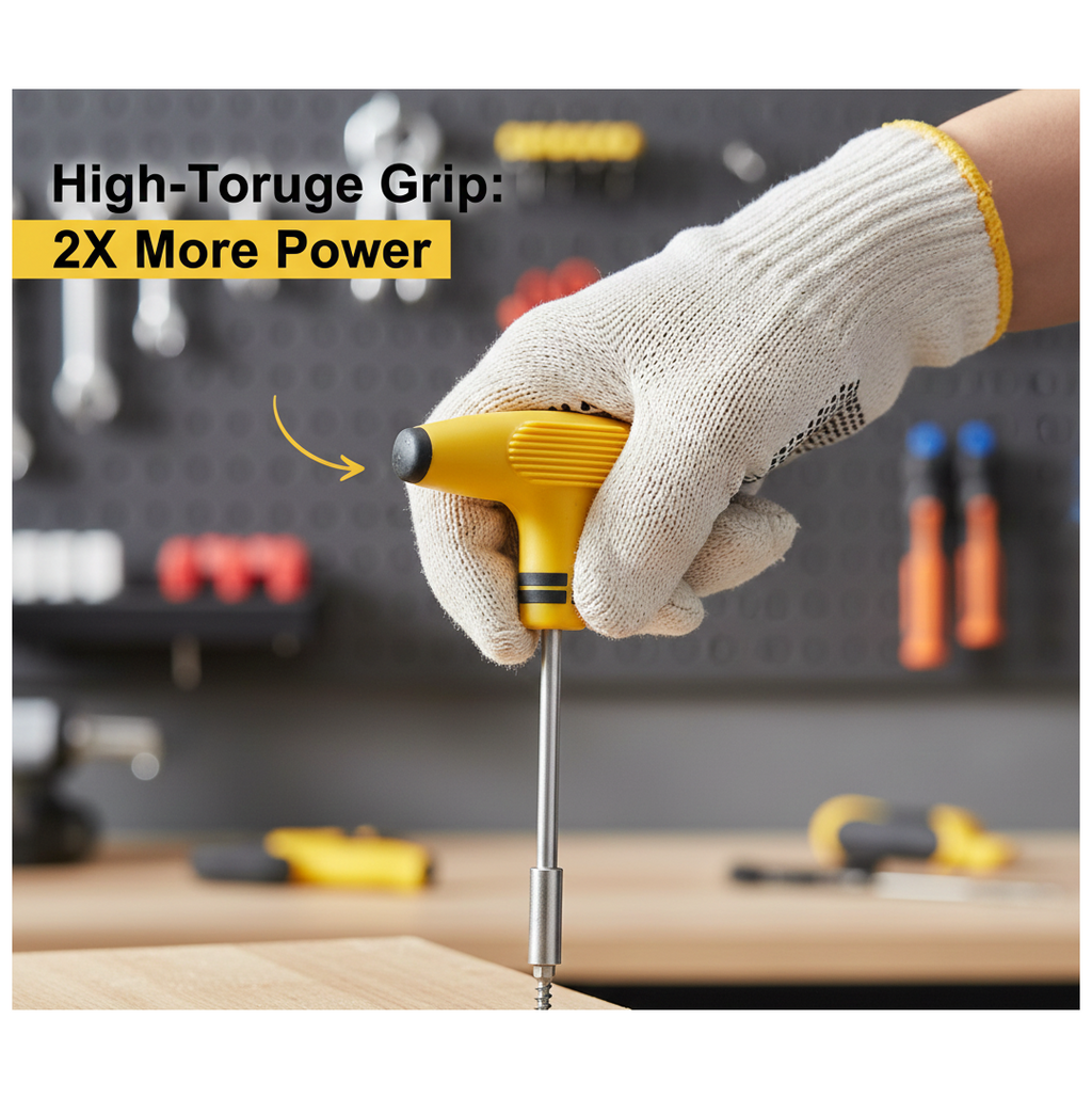 A gloved hand holding the yellow T-shape ratchet, with text overlay about high-torque grip.