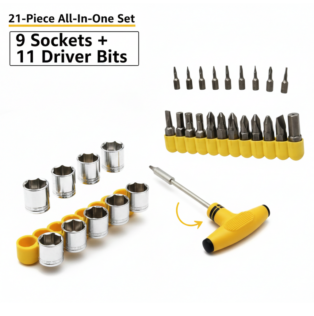 A 21-piece T-shape ratchet socket set with individual components separated, on a white background with text overlay.
