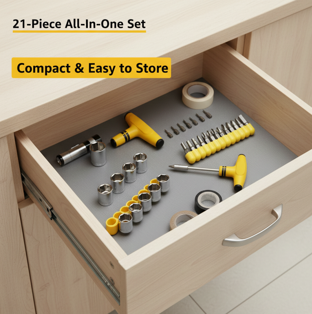 A 21-piece T-shape ratchet socket set stored neatly in a drawer, with text overlay about compact storage.