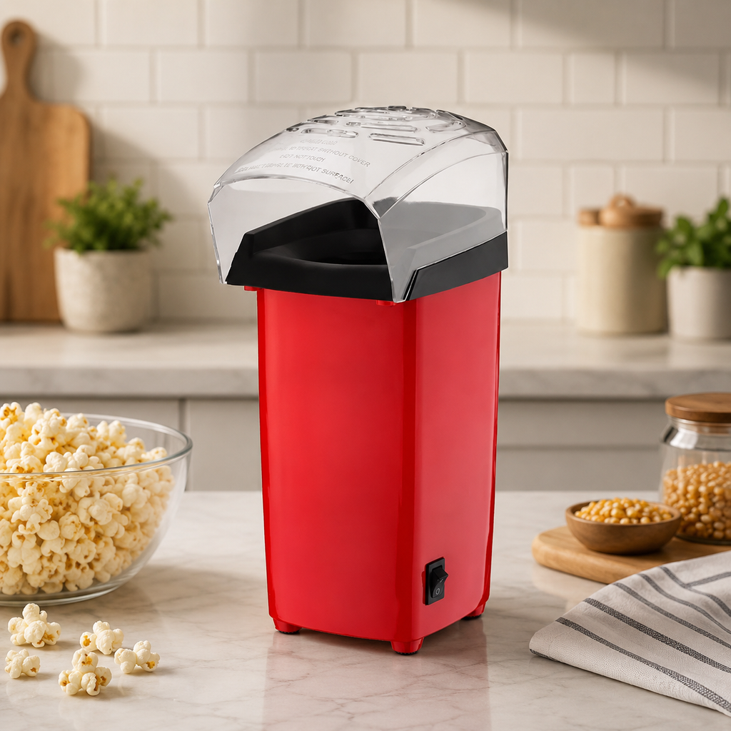 Red electric hot air popcorn maker on a kitchen counter with bowls of popcorn and corn kernels.
