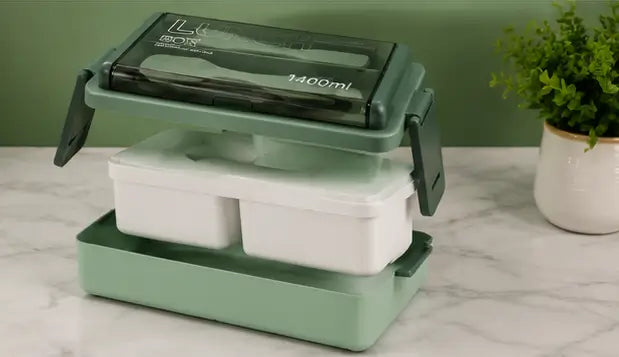 3-in-1 Plastic Lunch Box – Double Decker Airtight Tiffin with 3 Detachable Containers & 2 Spoon