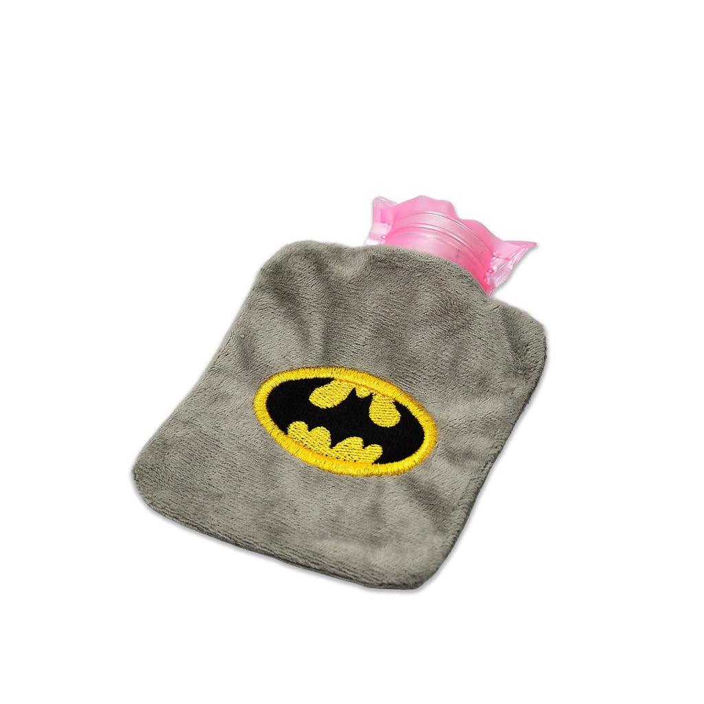 Gray plush hot water bag with a yellow and black Batman logo and pink opening on a white background.