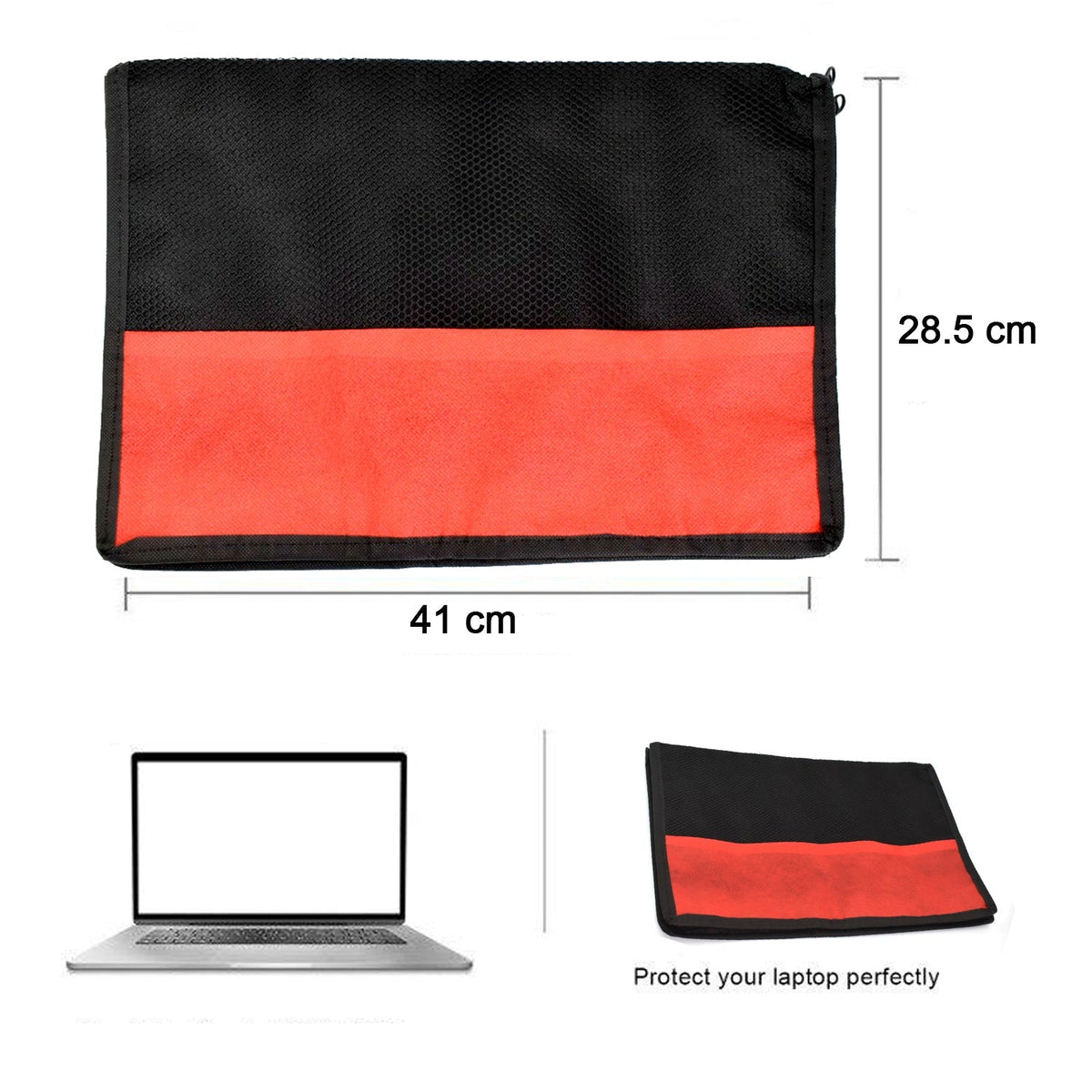 A black and red laptop sleeve with dimensions, next to a laptop and text saying "Protect your laptop perfectly".