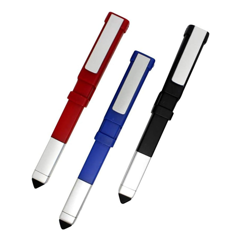 Three multi-function pens in red, blue, and black are angled on a white background, showcasing their stylus tips and silver