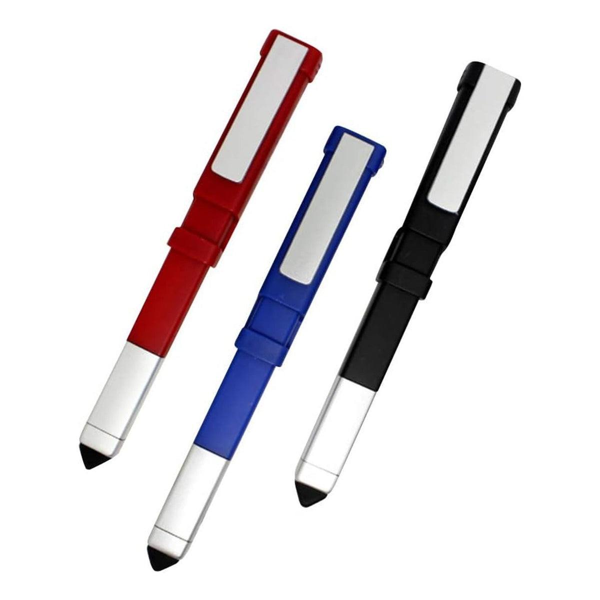 Three multi-function pens in red, blue, and black are angled on a white background, showcasing their stylus tips and silver