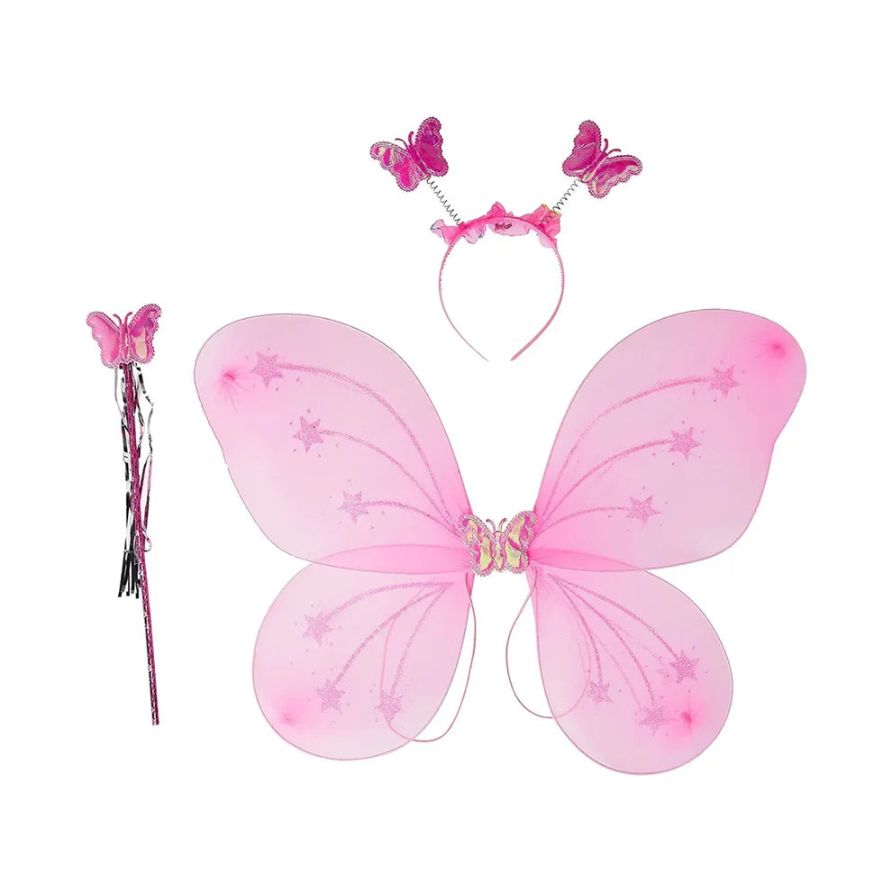 Baby Girls Fairy Nylon Butterfly Wings Costume Butterfly Fairy Angel Wing Wand And Hairband Multi- Color For Party (1pc) -  3293