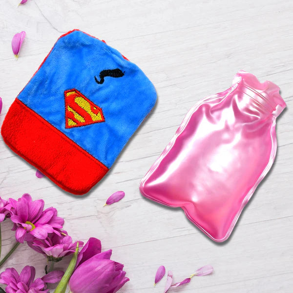 Superman Print Small Hot Water Bag With Cover For Pain Relief Neck Shoulder Pain And Hand Feet Warmer Menstrual Cramps. - 6530