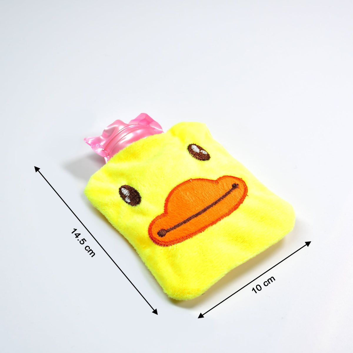 A yellow duck hot water bottle with dimensions 14.5 cm by 10 cm indicated by black arrows on a white background.