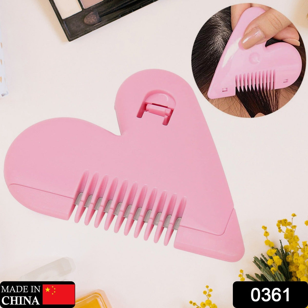 A pink heart-shaped hair thinning razor comb with blades visible, with a circular inset of it in use.