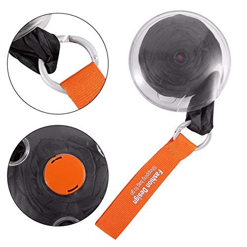 Close-up views of an orange reusable bag dispenser with a black bag inside, highlighting the carabiner clip and the