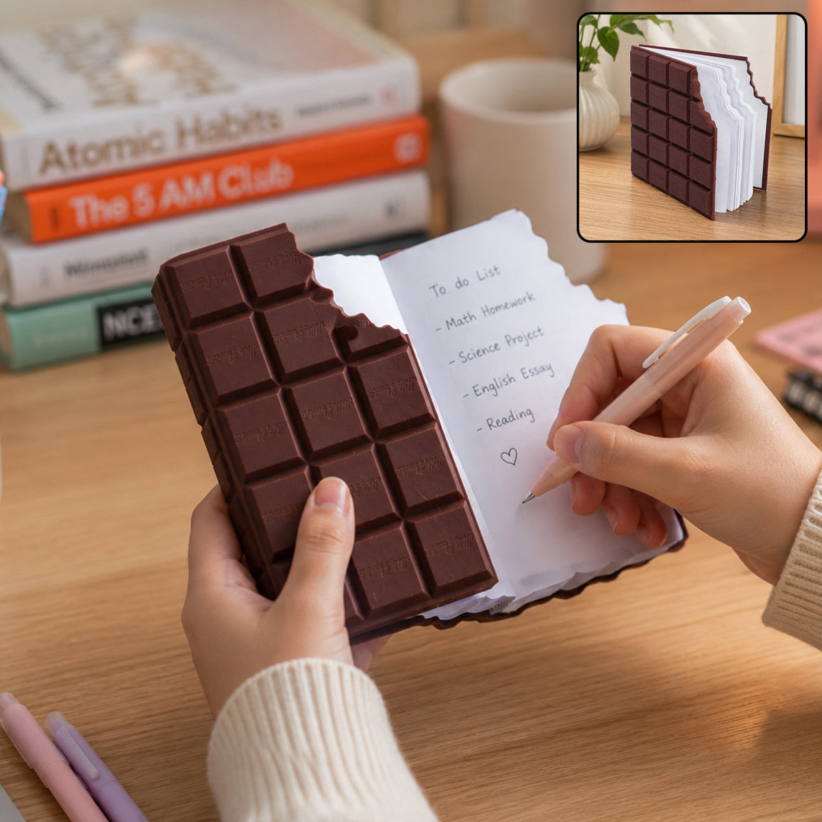 Hands holding a chocolate bar shaped notebook open to a to-do list, with a pink pen.