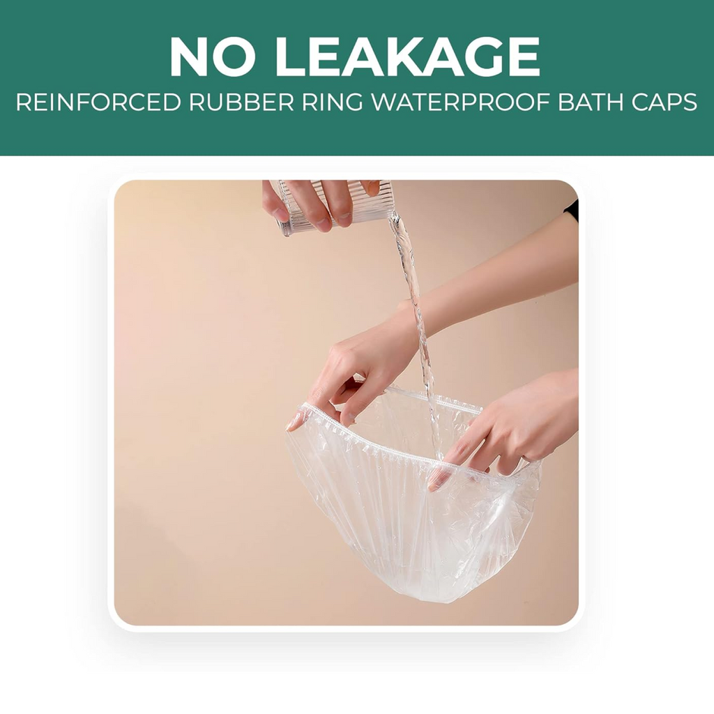 Hands hold a clear disposable shower cap under running water, demonstrating its waterproof quality.