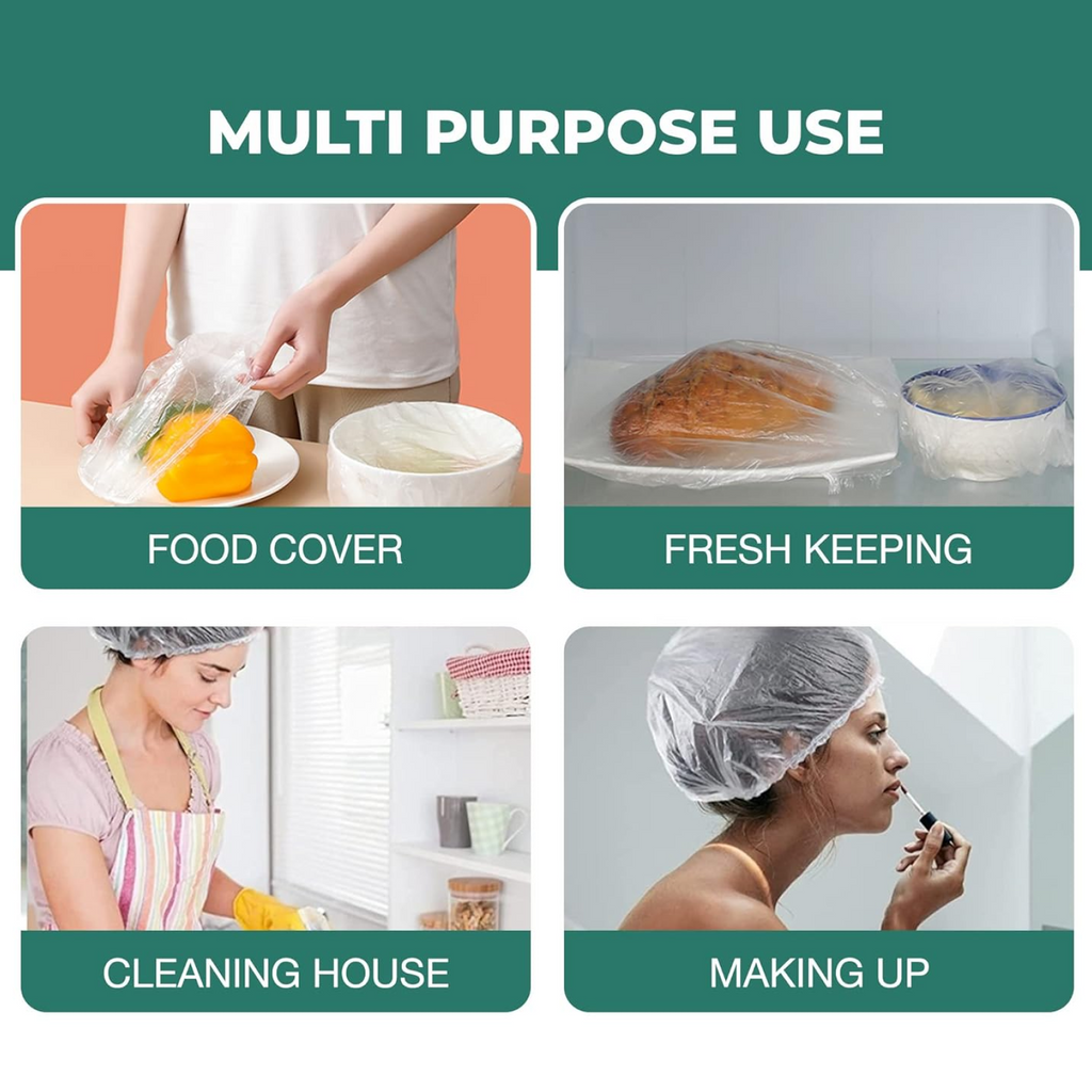 A collage of four uses for clear plastic covers: food cover, fresh keeping, cleaning house, and making up.