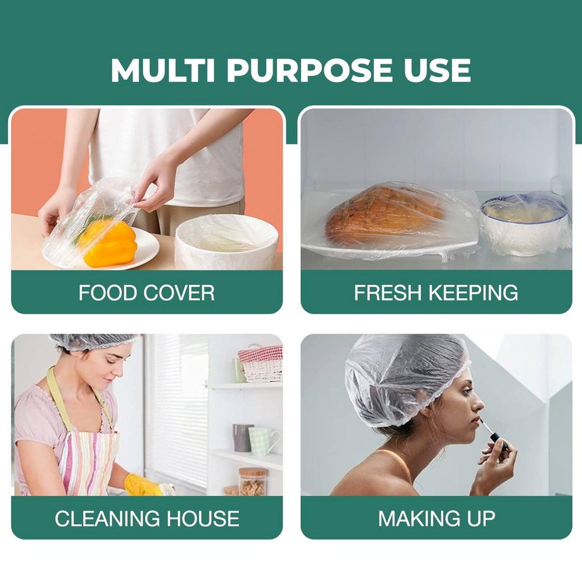 A collage of four uses for clear plastic covers: food cover, fresh keeping, cleaning house, and making up.