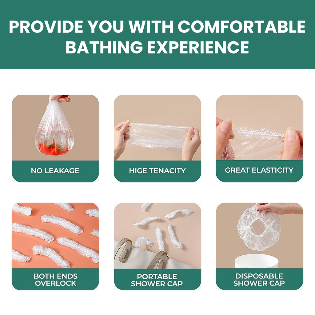 A collage of six small images showing features and uses of the clear disposable shower caps.