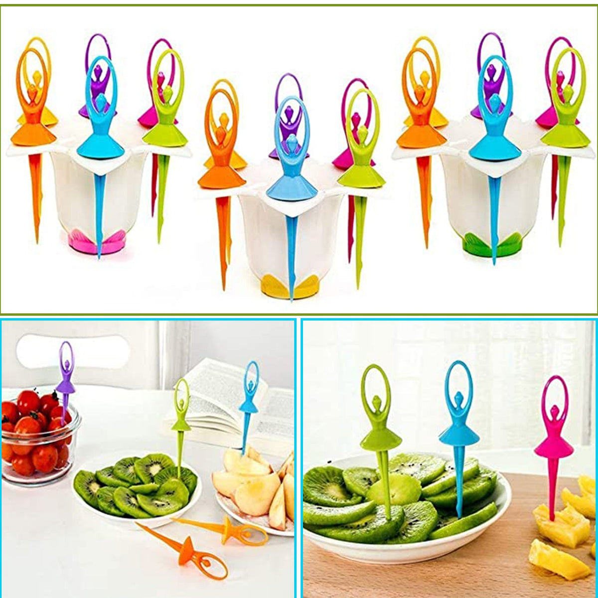 A collage of three images showing colorful dancing doll fruit forks with fruit and in their stands.