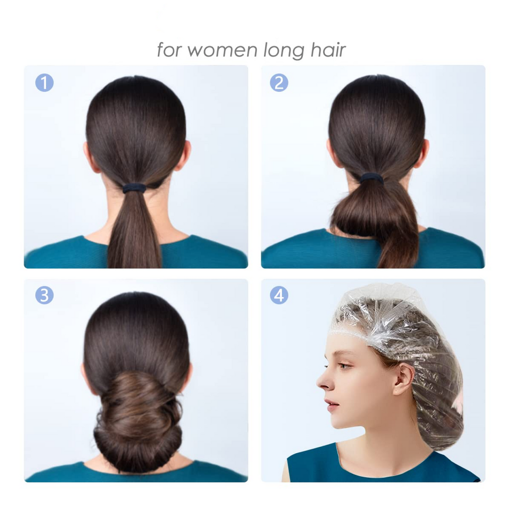 A four-panel image showing how to put long hair into a bun, then cover it with a clear shower cap.