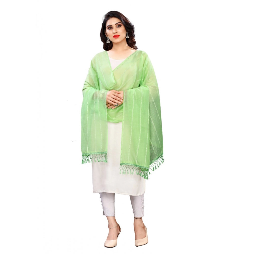 Women's Cotton Silk Strips Printed Dupatta (Parrot Green, Length:2-2.4 mtr)