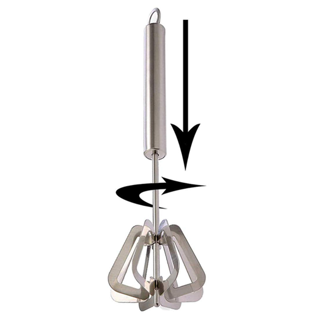 A silver stainless steel hand whisk with black arrows indicating a downward press and rotational movement.
