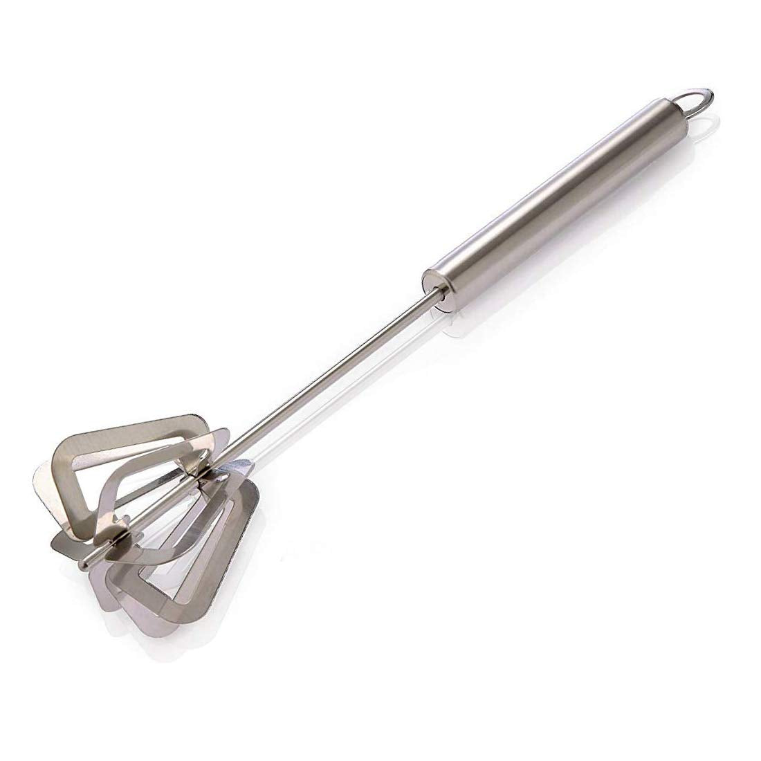 A silver stainless steel hand whisk with a loop at the end of the handle, against a white background with a shadow.