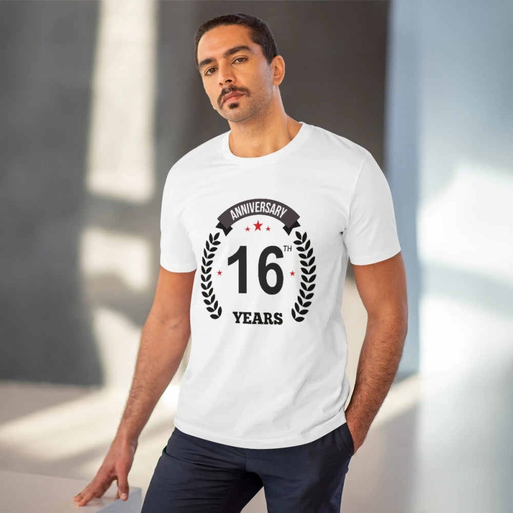 Men's PC Cotton 16th Anniversary Printed T Shirt (Color: White, Thread Count: 180GSM)