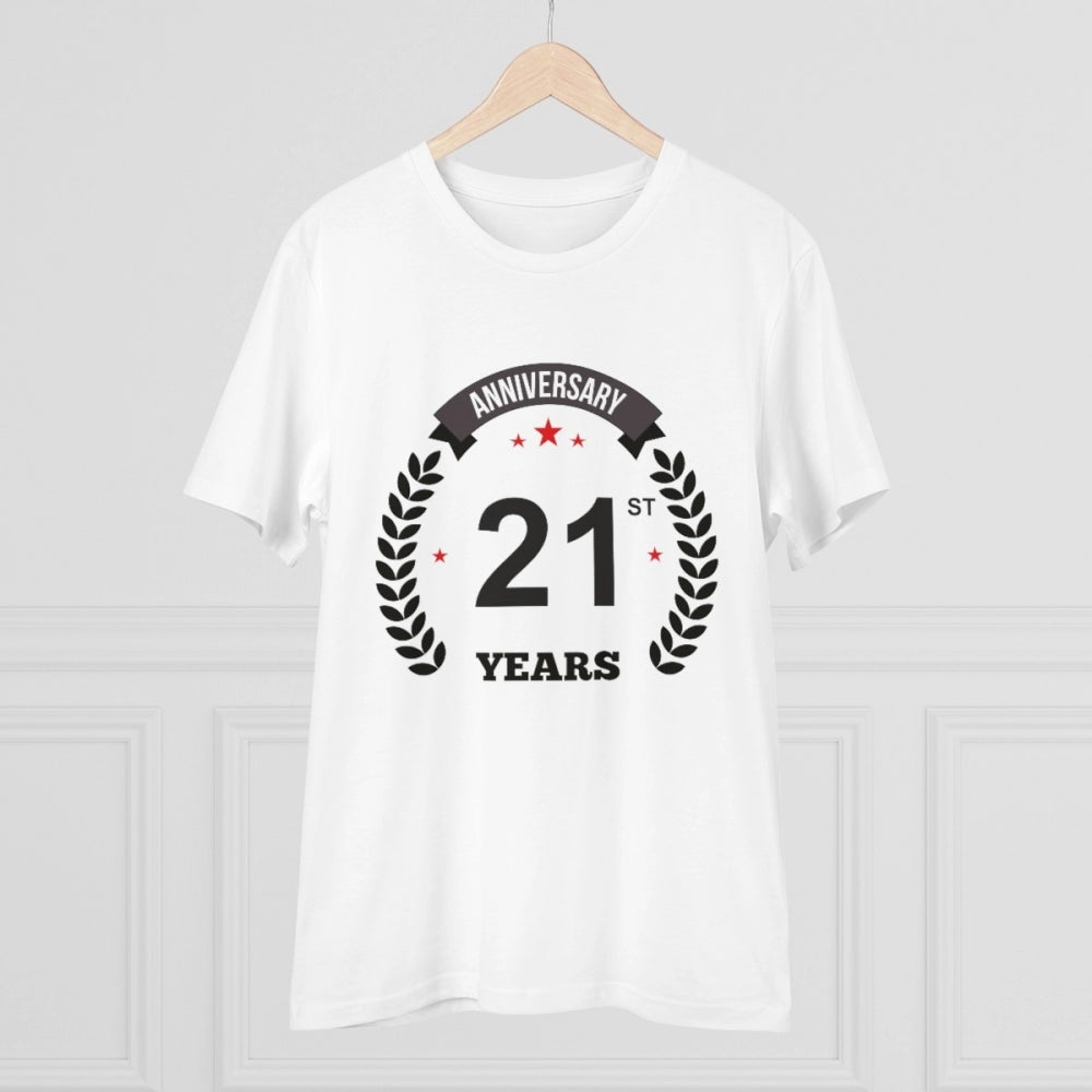 Men's PC Cotton 21st Anniversary Printed T Shirt (Color: White, Thread Count: 180GSM)