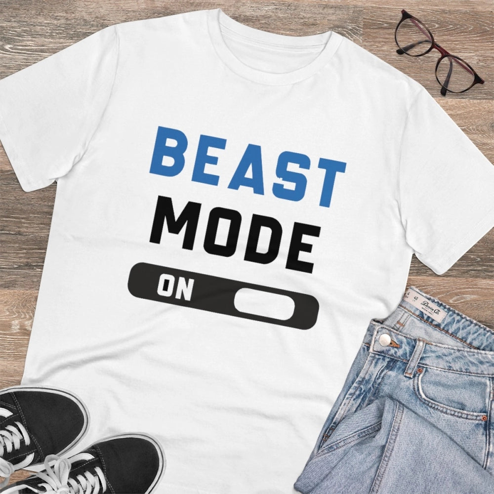 Men's PC Cotton Beast Mode On Printed T Shirt (Color: White, Thread Count: 180GSM)
